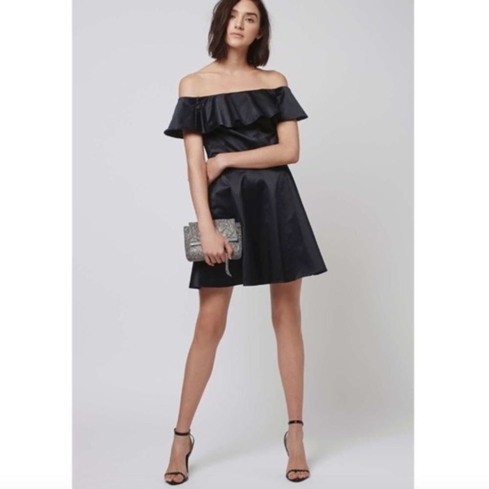 NWT Elegant Topshop Navy Blue Satin Ruffle Frill Bardot Flare Dress Petite 6